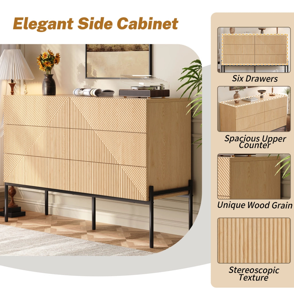 Credenza a sei cassetti geometrica in MDF colore naturale per soggiorno e camera da letto 115,5 × 38 × 75 cm
