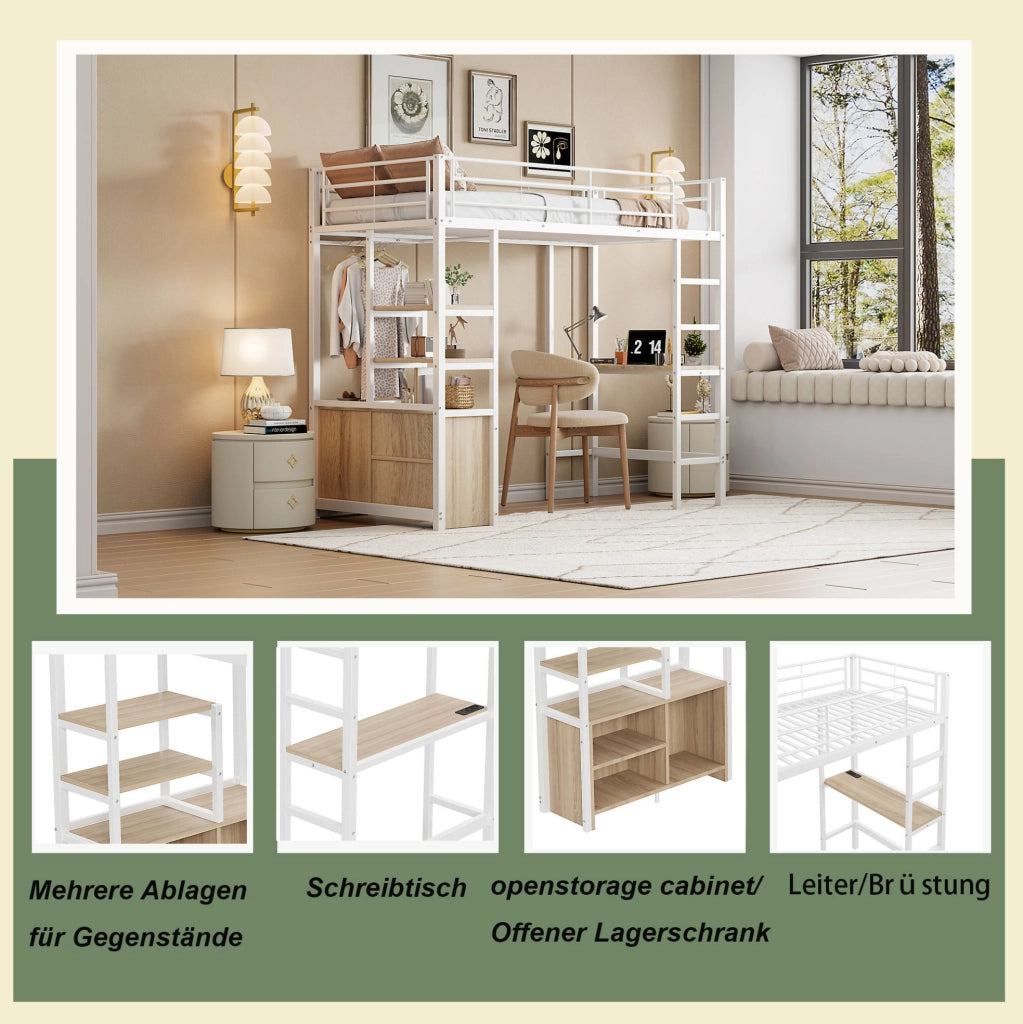 Letto a soppalco 90x200 cm con scrivania, prese USB e ripiani