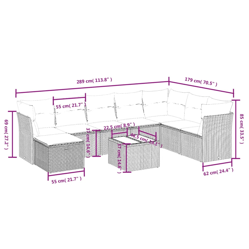 Set Divani da Giardino 9 pz con Cuscini Nero in Polyrattan