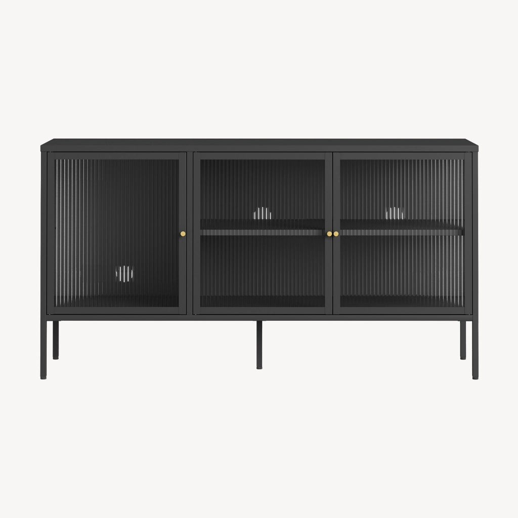 Mobile TV Vinterhavn Credenza in Acciaio Nero con 3 Ante in Vetro Scanalato 80x150x40 cm [en.casa]