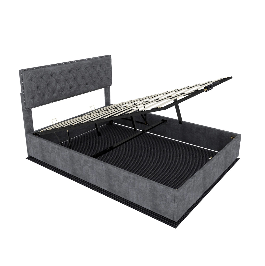 Letto 140x200 cm in velluto olandese grigio con testiera alta e doghe in legno