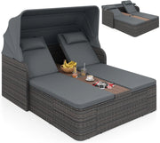 Letto Prendisole Matrimoniale per 2 Persone, Lettino da Giardino in Rattan con Tetto Retrattile e Schienali Regolabili, Isola Prendisole con Tavolino e Portabicchieri per Relax (Grigio)