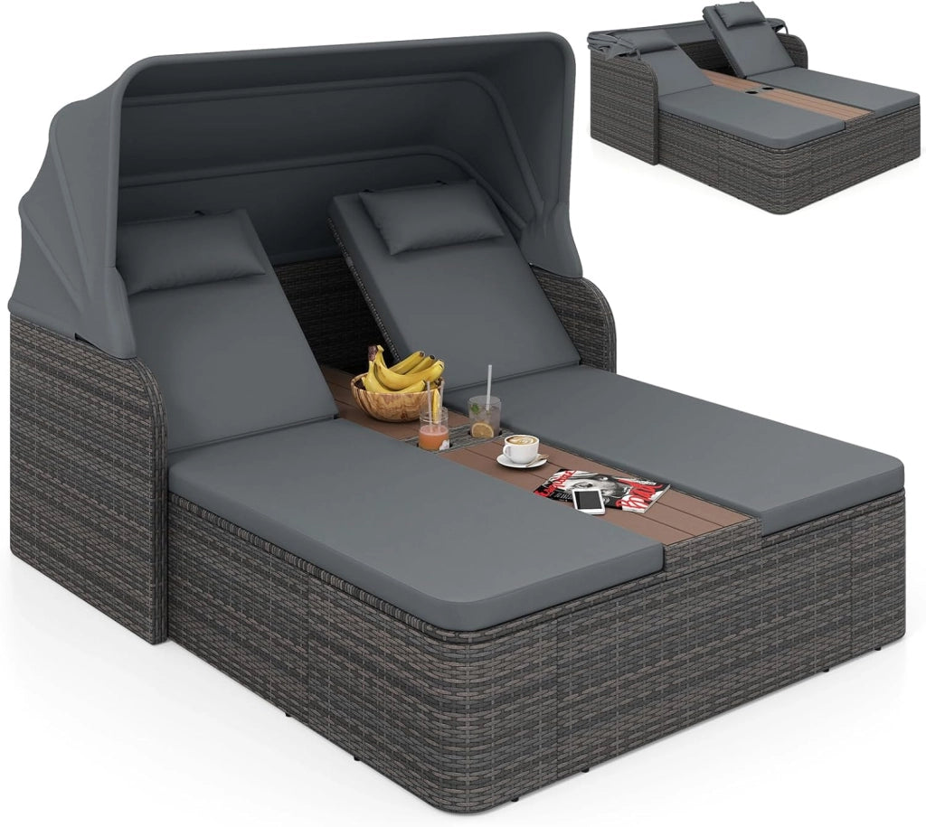 Letto Prendisole Matrimoniale per 2 Persone, Lettino da Giardino in Rattan con Tetto Retrattile e Schienali Regolabili, Isola Prendisole con Tavolino e Portabicchieri per Relax (Grigio)