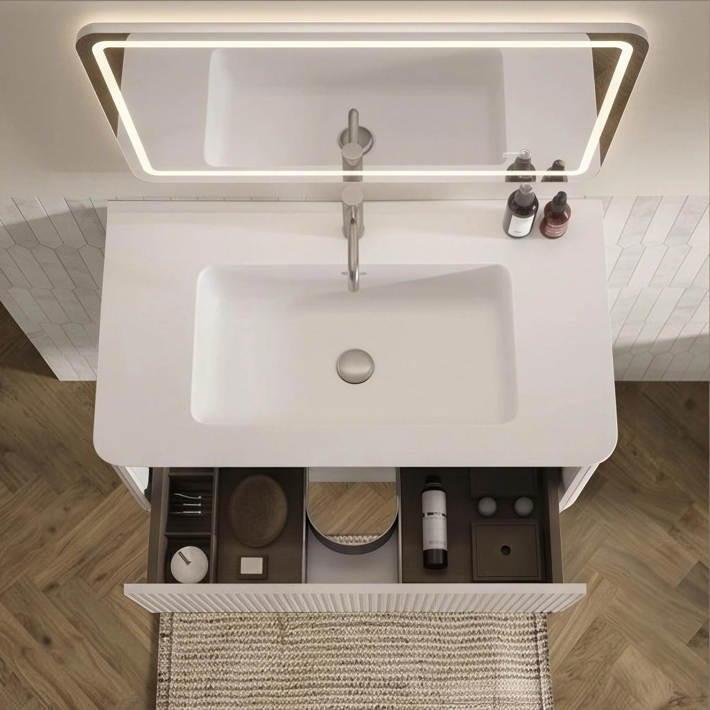 Armadietto da bagno sospeso con lavabo, specchio LED e mobile laterale, per bagno moderno, bianco