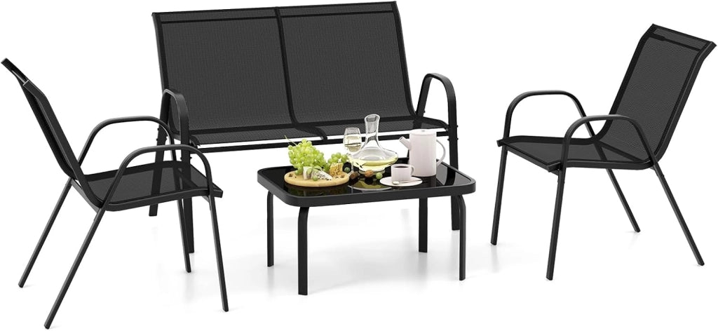 Set Tavolo e Poltrona da Giardino, Set di Mobili 4 Pezzi per Esterno, con Tavolino in Vetro Temperato, Panca e 2 Poltrone, per Giardino Balcone Piscina (Grigio)