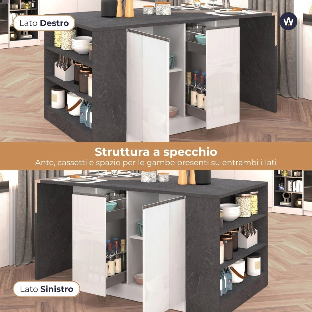 WHOUS Isola da cucina Sole 2 ante 2 cassetti e 1 scaffale bianco lucido/report 168x90x91 cm