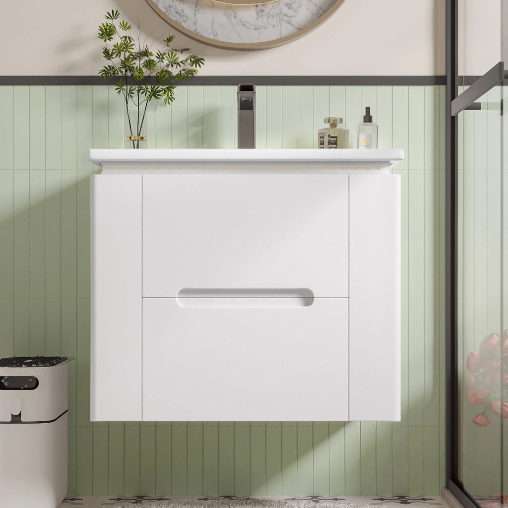 Mobile sottolavabo con 2 cassetti e illuminazione LED a sensore radar; sospeso; lavandino in ceramica integrato; bagno; bianco; 61 Ã— 46 Ã— 48.5 cm
