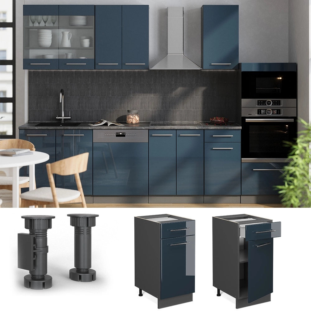 Mobiletto base per cucina Fame-Line Blu scuro lucido/Antracite 40 cm senza piano di lavoro Vicco