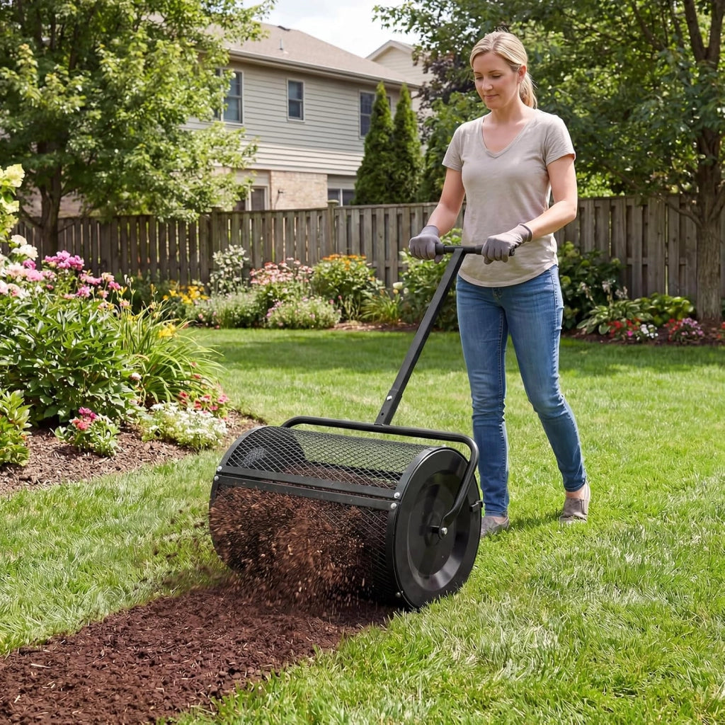 Spandiconcime a Rullo, Rullo da Giardino con Impugnatura Pratica Chiusure Laterali e Rete in Metallo per Concimazione e Semina, Spandiconcime per Prato e Giardino (40 x 61 cm Nero)