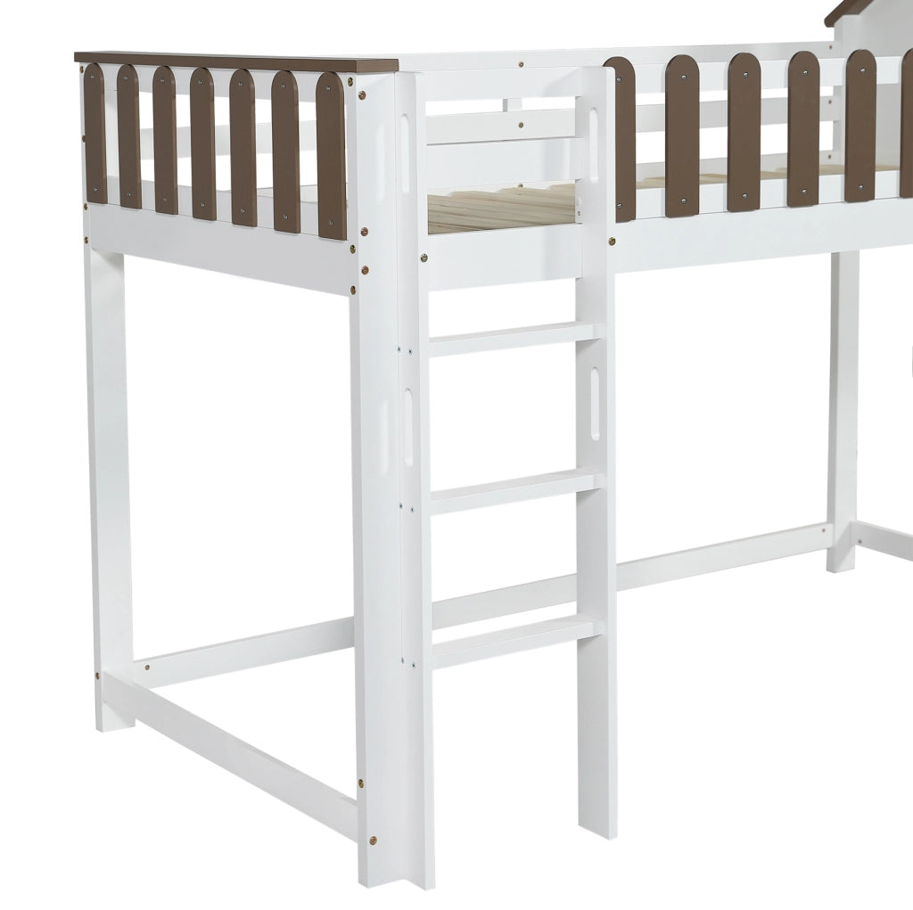Letto a soppalco 90x200 cm con scivolo e scala dritta in legno e MDF bianco noce