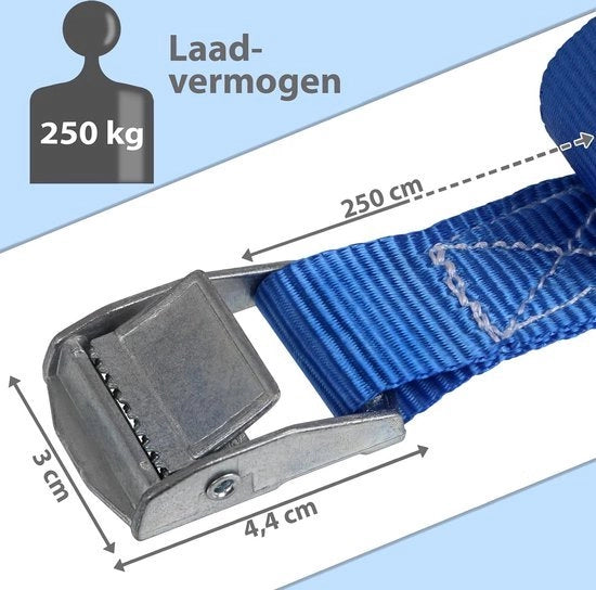 Cintura di sostegno con chiusura a vite - blu, disponibile in diverse lunghezze e quantità - carico di 250 kg DIN EN 12195-2, 6 pezzi 2,5 cm x 2,5 m