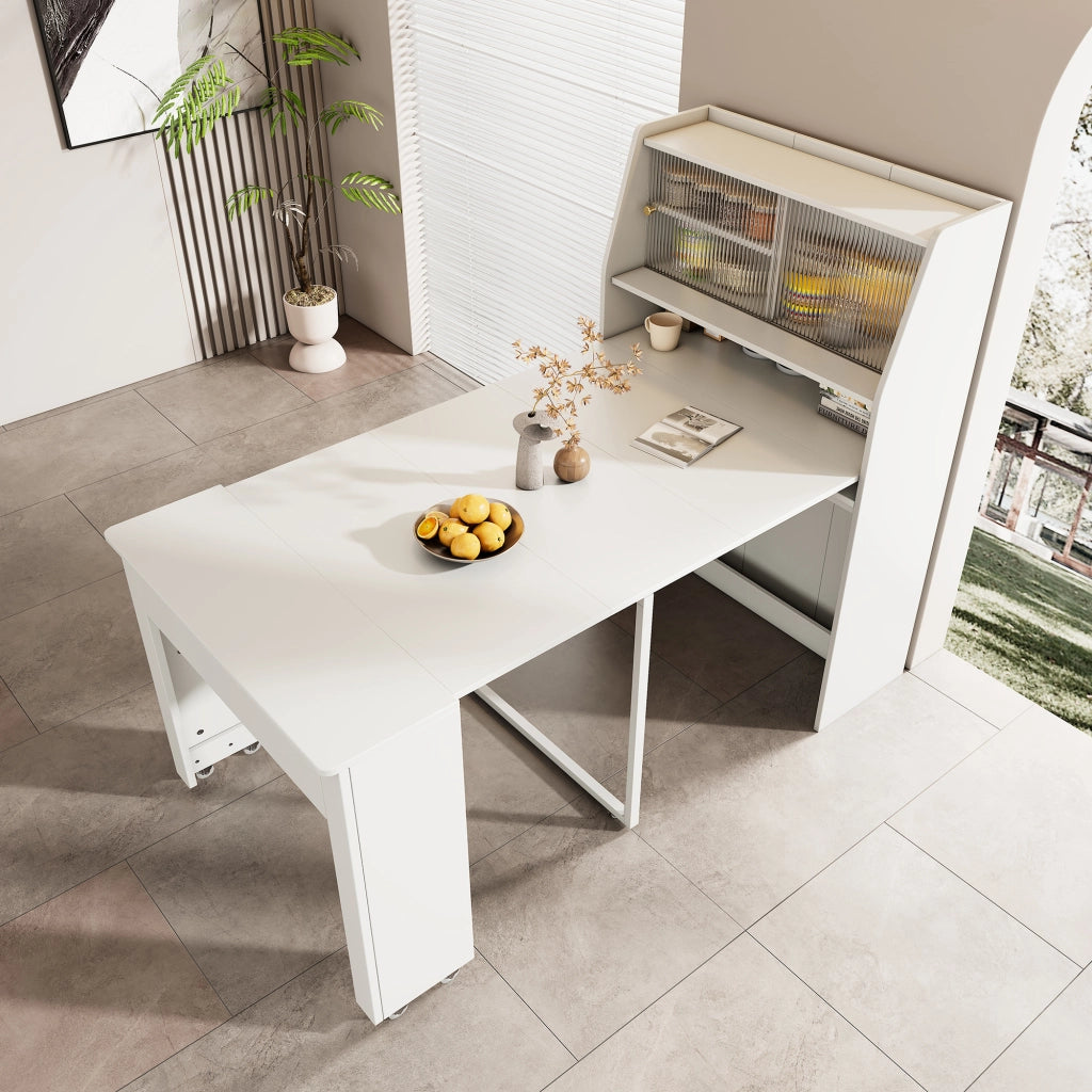 Tavolo da pranzo allungabile con vano contenitore e ripiani, per sala da pranzo, in truciolare e vetro, bianco