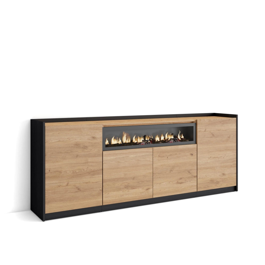 Credenza, Mobile, Cucina, 207x80x37 cm, 4 Porte, Camino elettrico, Rovere e nero