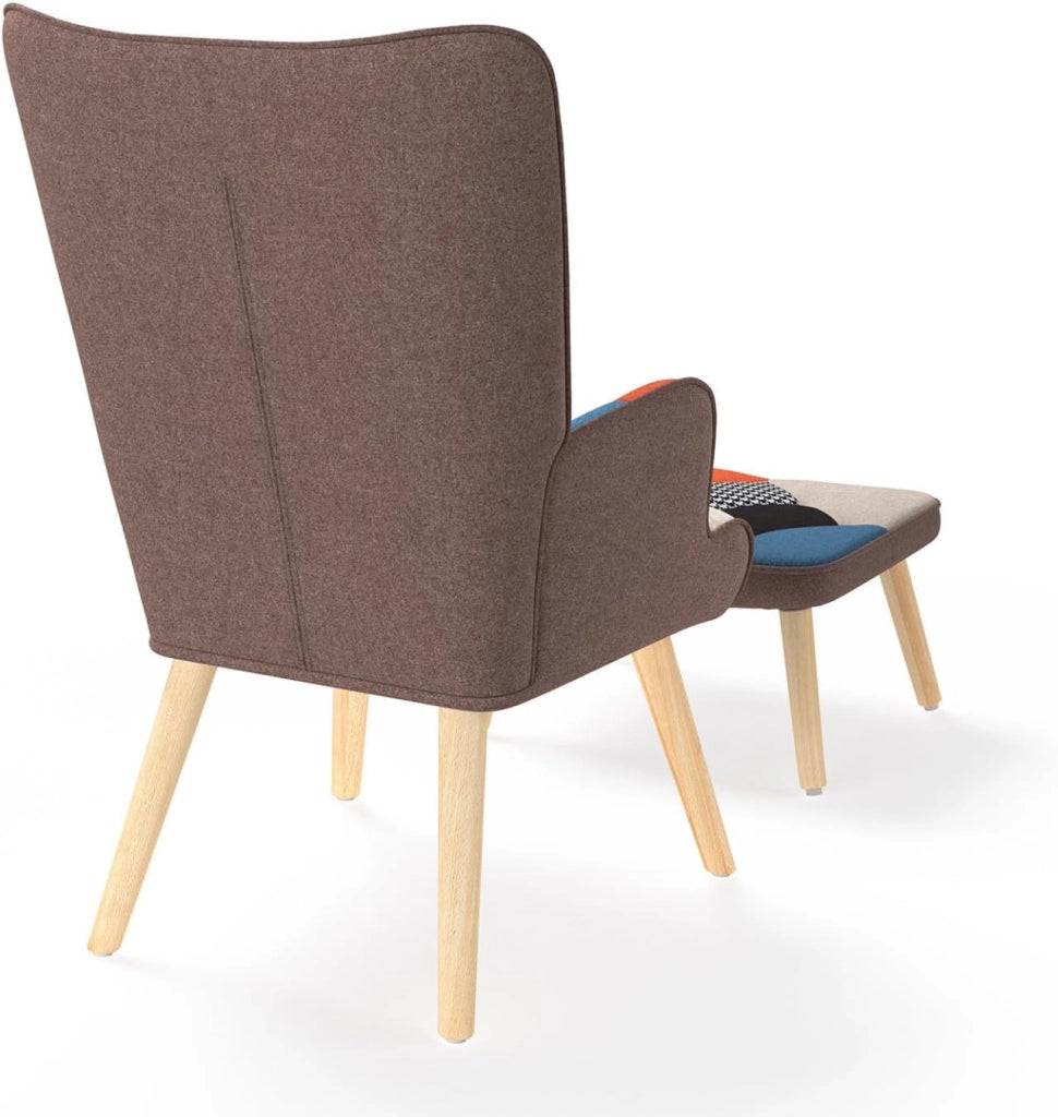 Poltrona scandinava IVAR con poggiapiedi in tessuto patchwork multicolore