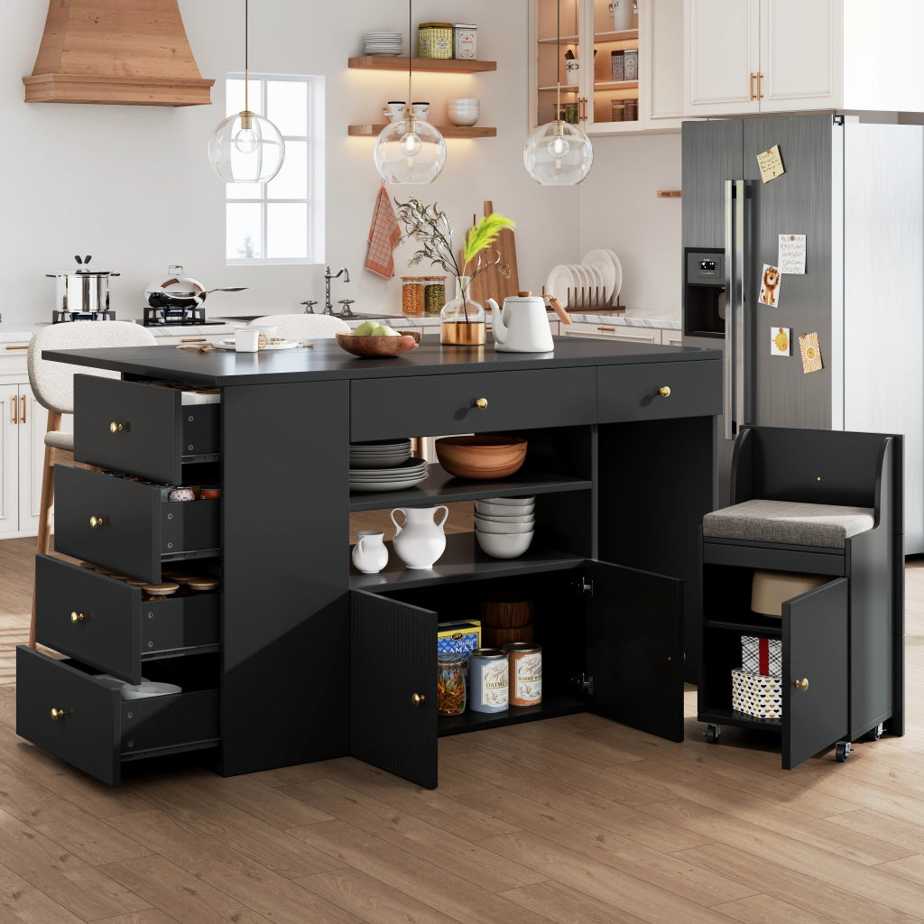 OKWISH Isola da Cucina con 6 Cassetti, 2 Ripiani Aperti, 1 Armadietto e Sgabello Contenitore con Ruote, 140 x 40 x 89 cm