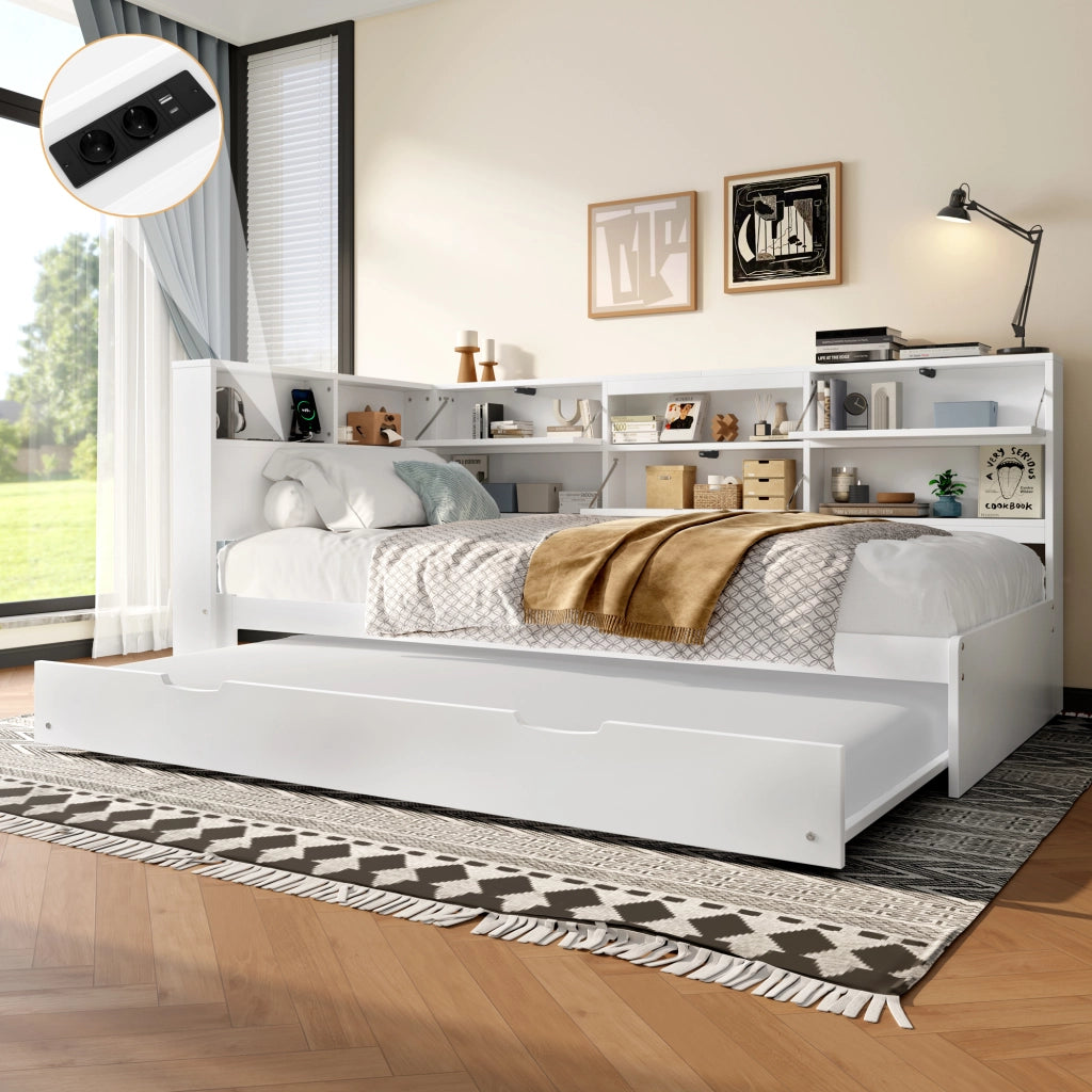 Letto con letto estraibile 90 × 200 cm con testiera contenitore USB e Type-C in legno e MDF bianco