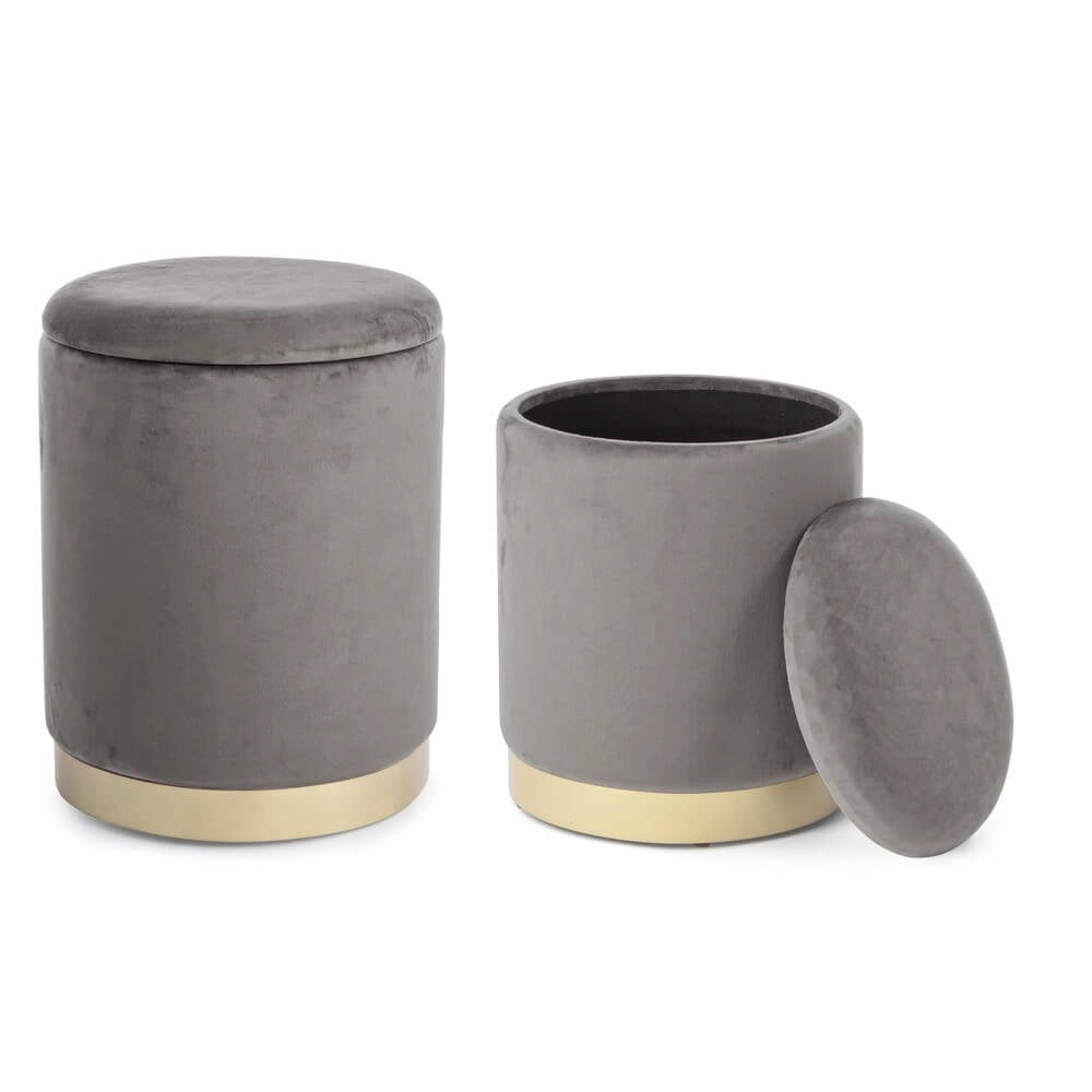 Set da 2 Pouf Contenitore Rotondi in Velluto con Base Dorata - SERENA