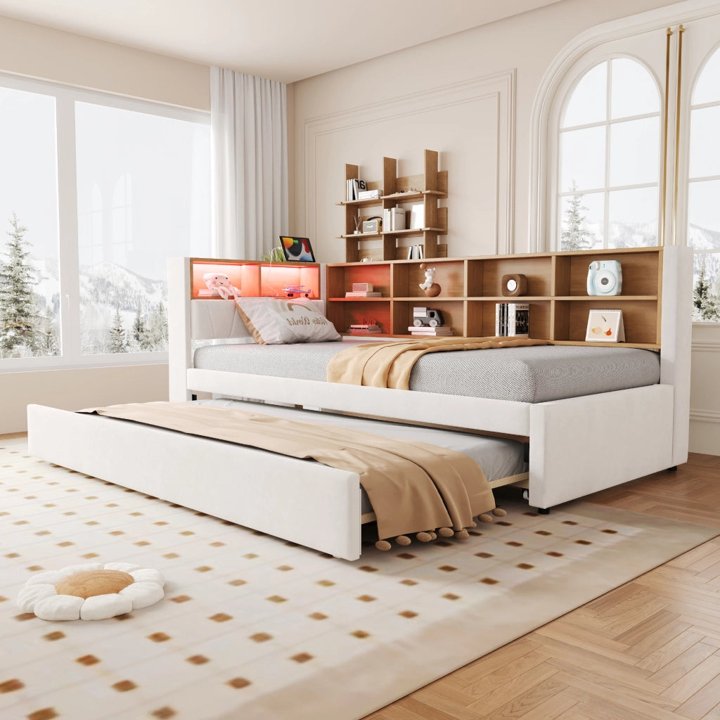 Divano letto multifunzione 90x200 cm con letto estraibile 90x190 cm, LED, prese multifunzione e vani contenitore, beige