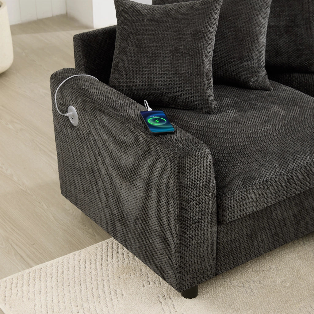 Divano angolare modulare 6 posti - con USB e Type-C; 2 pouf - in chenille grigio