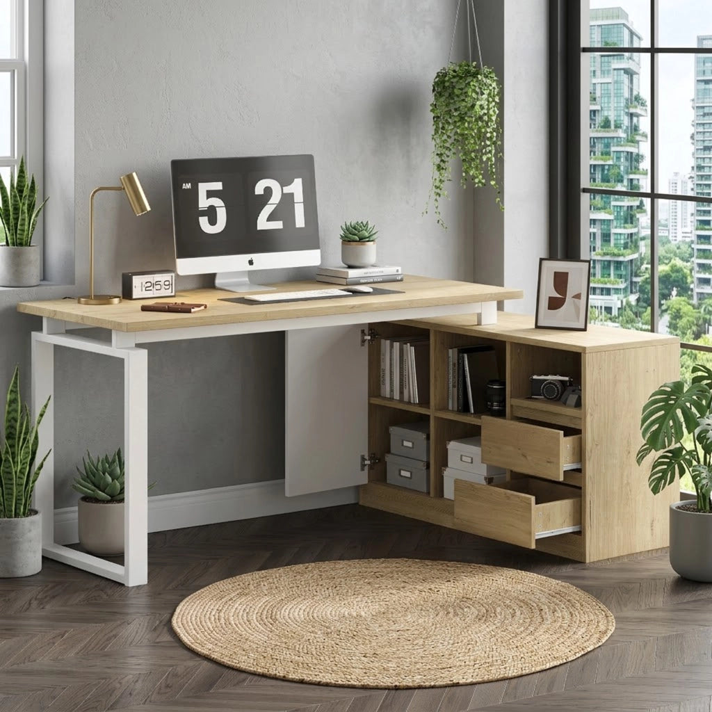 Scrivania Angolare con Cassetti e Ripiani ¨C MINIMAL ¨C Legno Naturale e Bianco 152x113x76