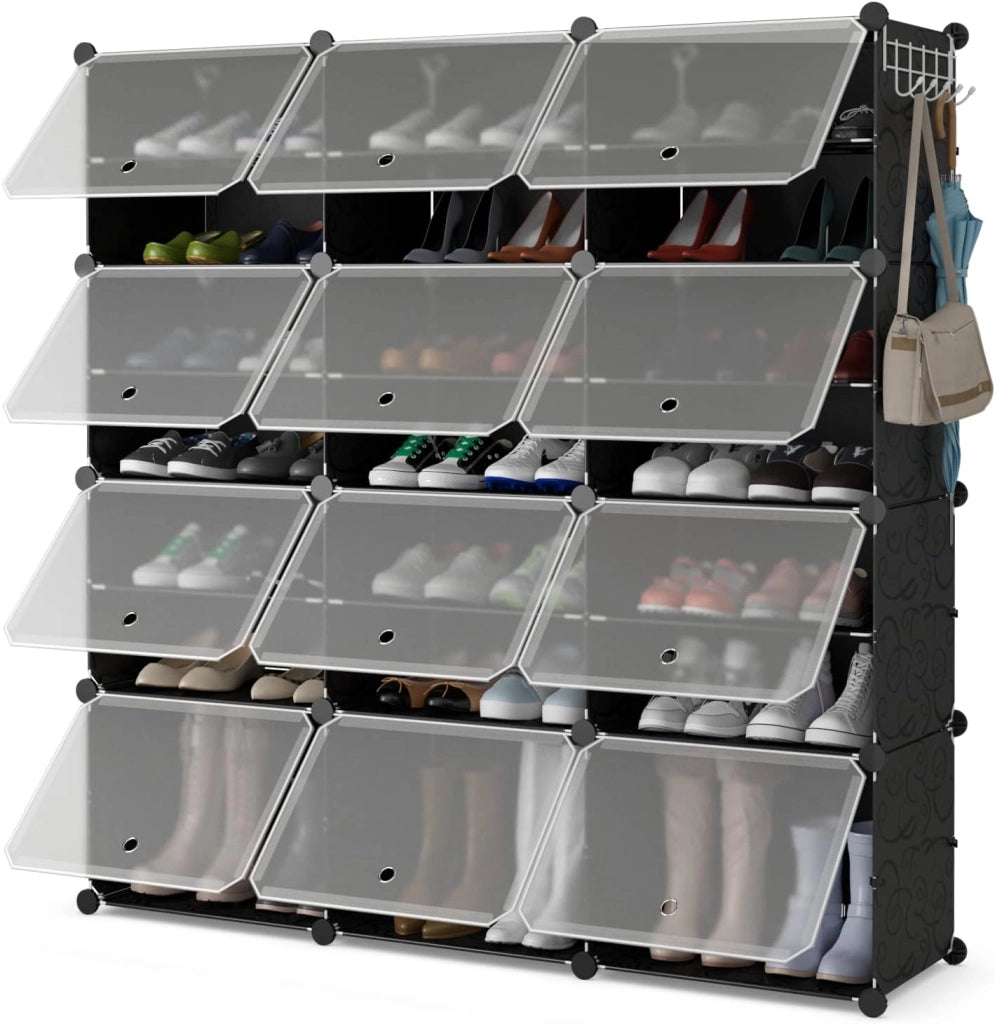 Scatole per Scarpe, Set di 12 Organizzatori Porta Scarpe Impilabili, Contenitore per Scarpe in PP Trasparente, per Ingresso, Corridoio e Armadio, Nero (Bianco)