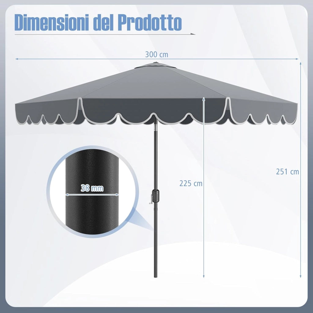 Ombrellone da Giardino 300 cm, Ombrellone Esterno con Manovella, Inclinazione Regolabile, Parasole Pieghevole con Doppio Tetto, 8 Stecche, per Giardino Piscina Patio (Grigio)
