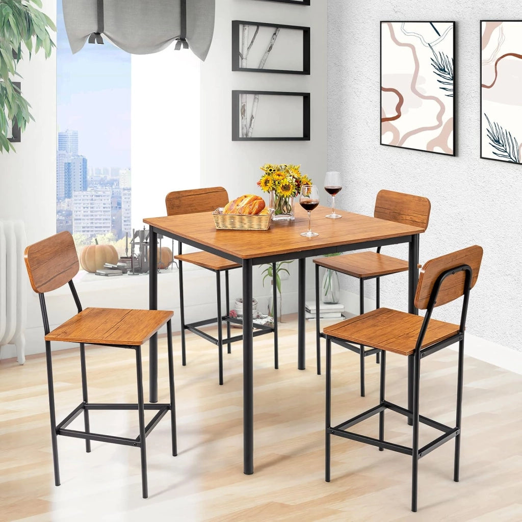 Set 5 Pezzi Tavolo da Pranzo, 1 Tavolo Rettangolare e 4 Sedie con Poggiapiedi, Set di Tavolo da Pranzo Salvaspazio per Casa Ristorante Bar (Marrone Scuro)