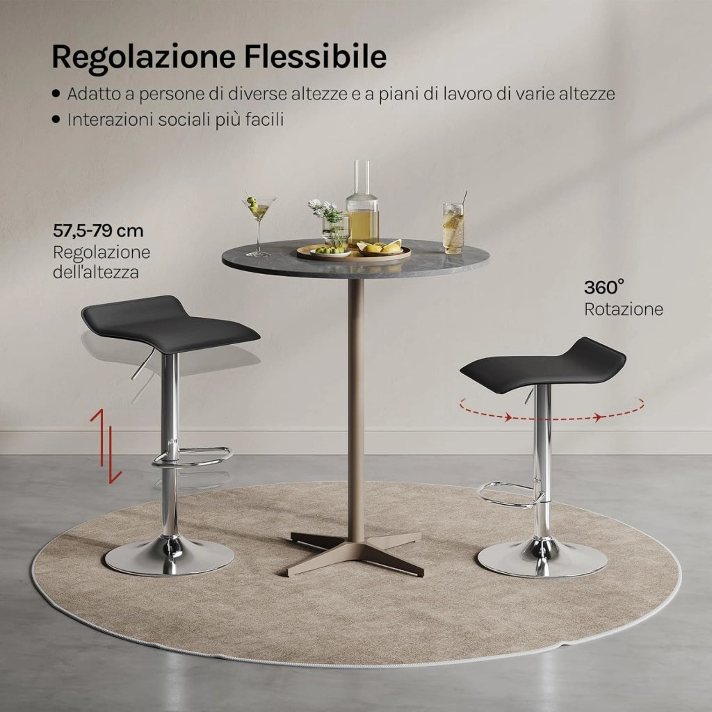 Sgabello da Cucina, Sgabello da Bar Colazione Regolabile in Altezza Girevole a 360°, per Bar, Cucina, Banco, Caffè, PVC+Metallo, con Poggiapiedi, Nero+Argento