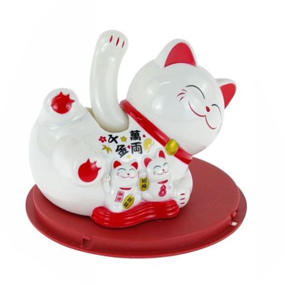 Trade Shop - Gatto Portafortuna Maneki Neko Energia Solare Sdraiato Con Braccio Mobile 11x10,5cm 73775 -
