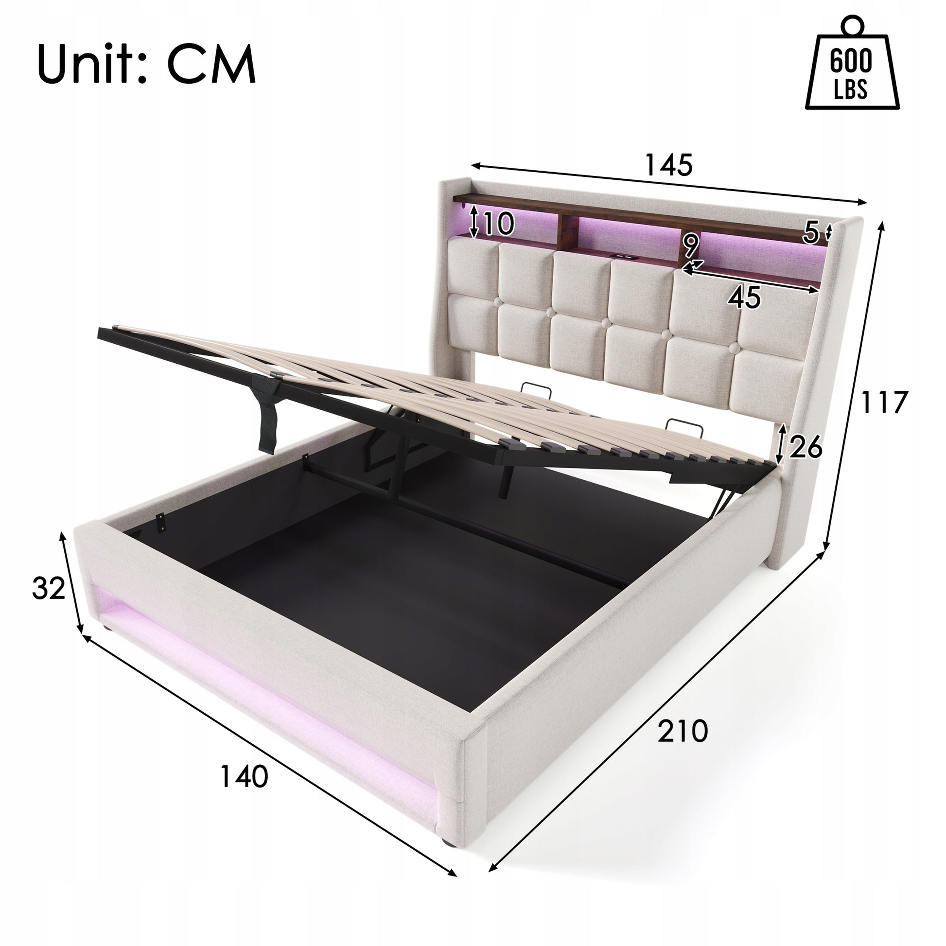 Letto imbottito 140x200 con LED USB e materasso incluso - Xylo