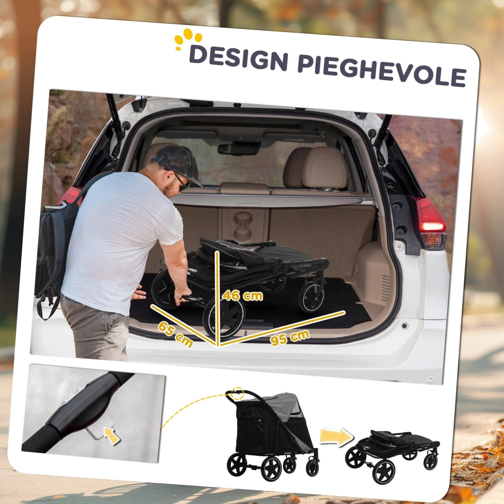Passeggino per Cani Taglia Media e Grande 112x65x100 cm Pieghevole con Ingressi a Cerniera Grigio Scuro e Nero