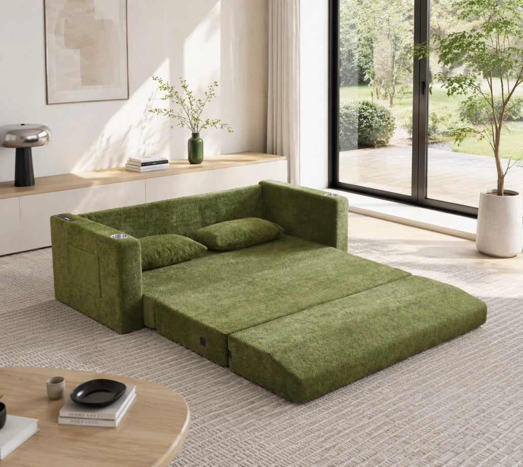 Divano letto convertibile 2 posti per piccoli spazi con porte USB, portabicchieri e tasche laterali in velluto verde