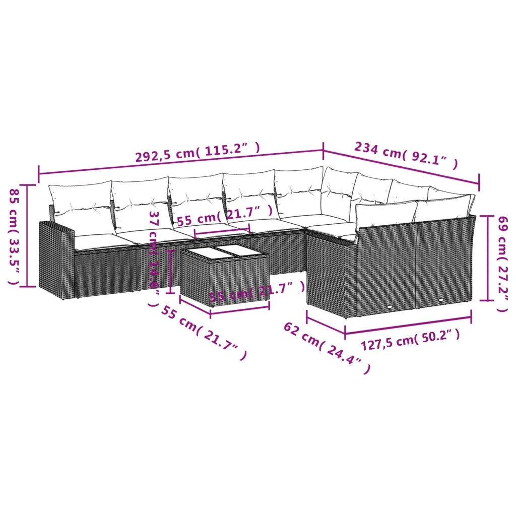 Set Divano da Giardino 10 pz con Cuscini Grigio in Polyrattan