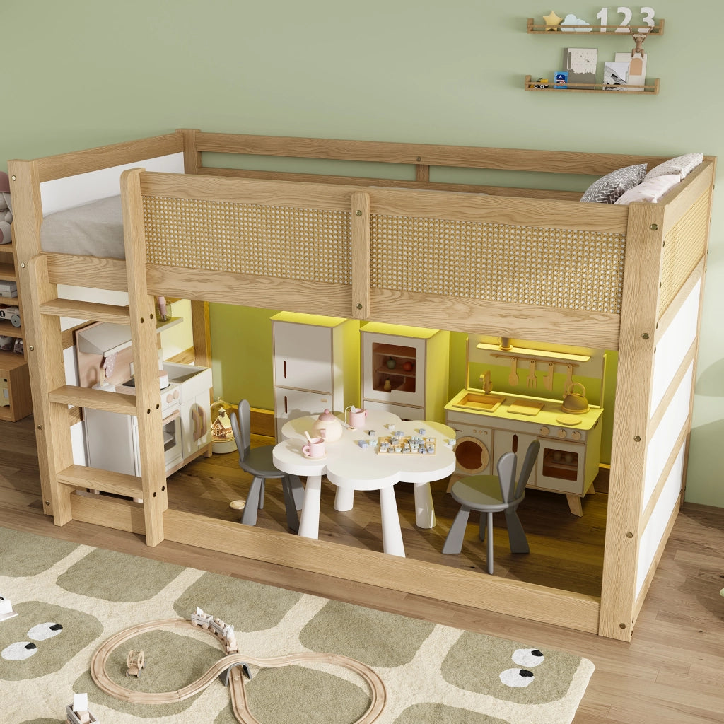 LETTO a soppalco 90x200 cm Legno Naturale/Bianco con scala a 3 gradini