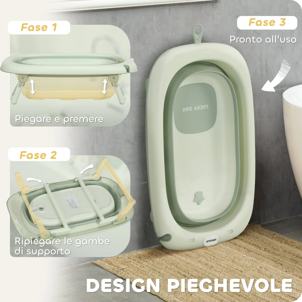 Vaschetta Bagnetto per Neonati Pieghevole 86x53x25,5 cm con Cuscino e Bacinella Lavabo Verde