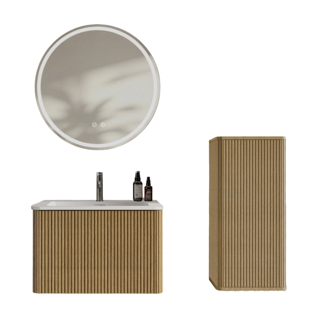 Ensemble de meubles de salon Mobile lavabo con specchio LED, armadio laterale, finitura rovere