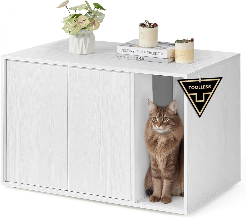 Montaggio Super Veloce Senza Attrezzi, Armadietto per Lettiera, Casetta per Gatti Grandi, Porte a Spinta per Aprire, Tecnologia TOOLLESS, Bianco Neve PCL013W01