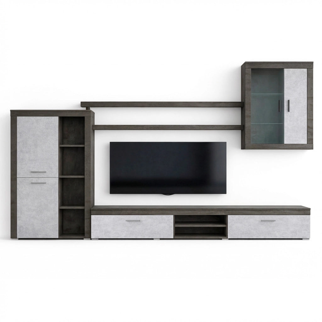 Parete Attrezzata Moderna Con Mobile TV Ante Vetrinetta Mensole E Vani A Giorno Moduli Sospesi Per Soggiorno Salotto 293 X 193 X 50 Cm Ossido E Grigio Cemento
