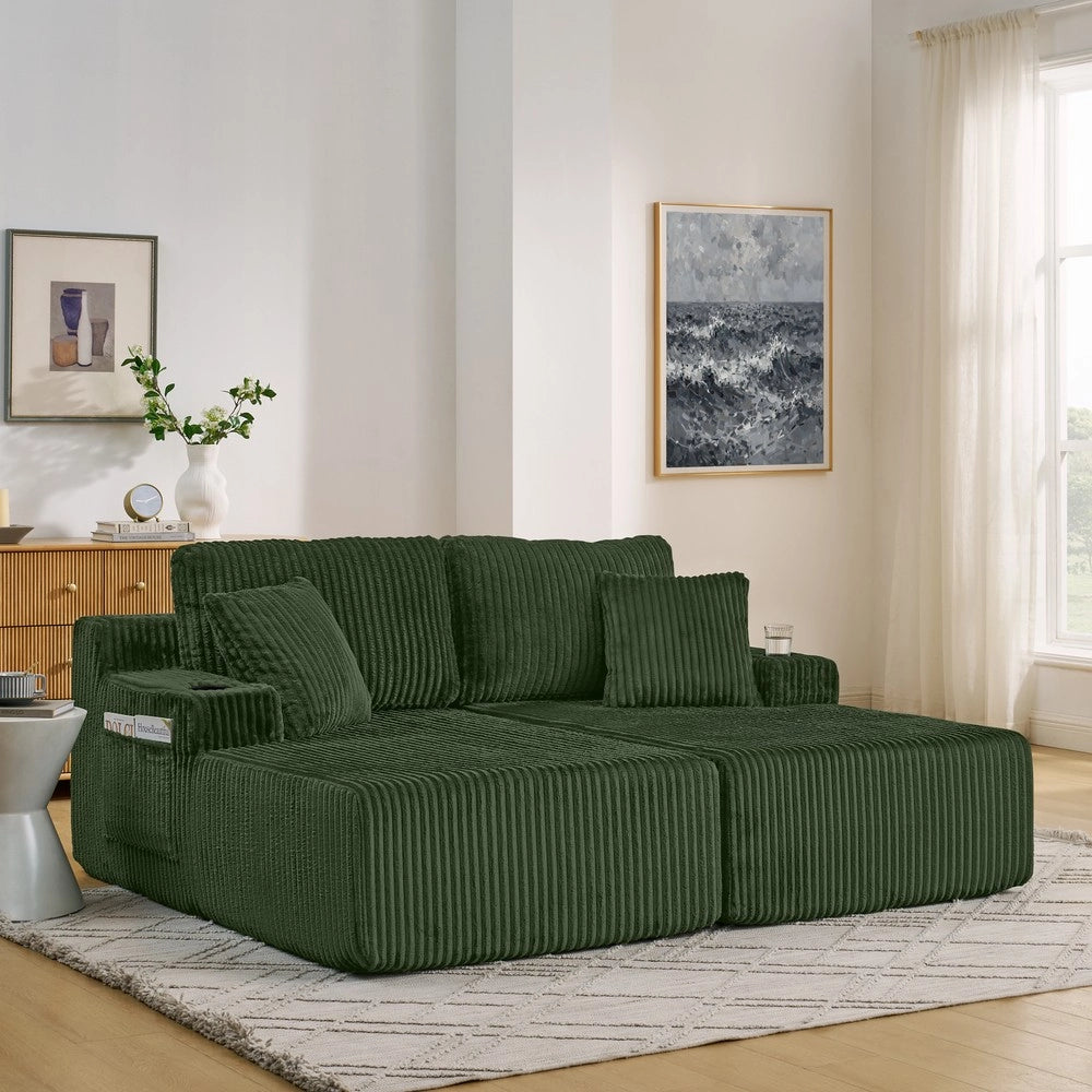 Divano Letto 2 Posti Relax ¨C Xylo ¨C Tessuto a Coste Verde con Cuscini e Poggiapiedi