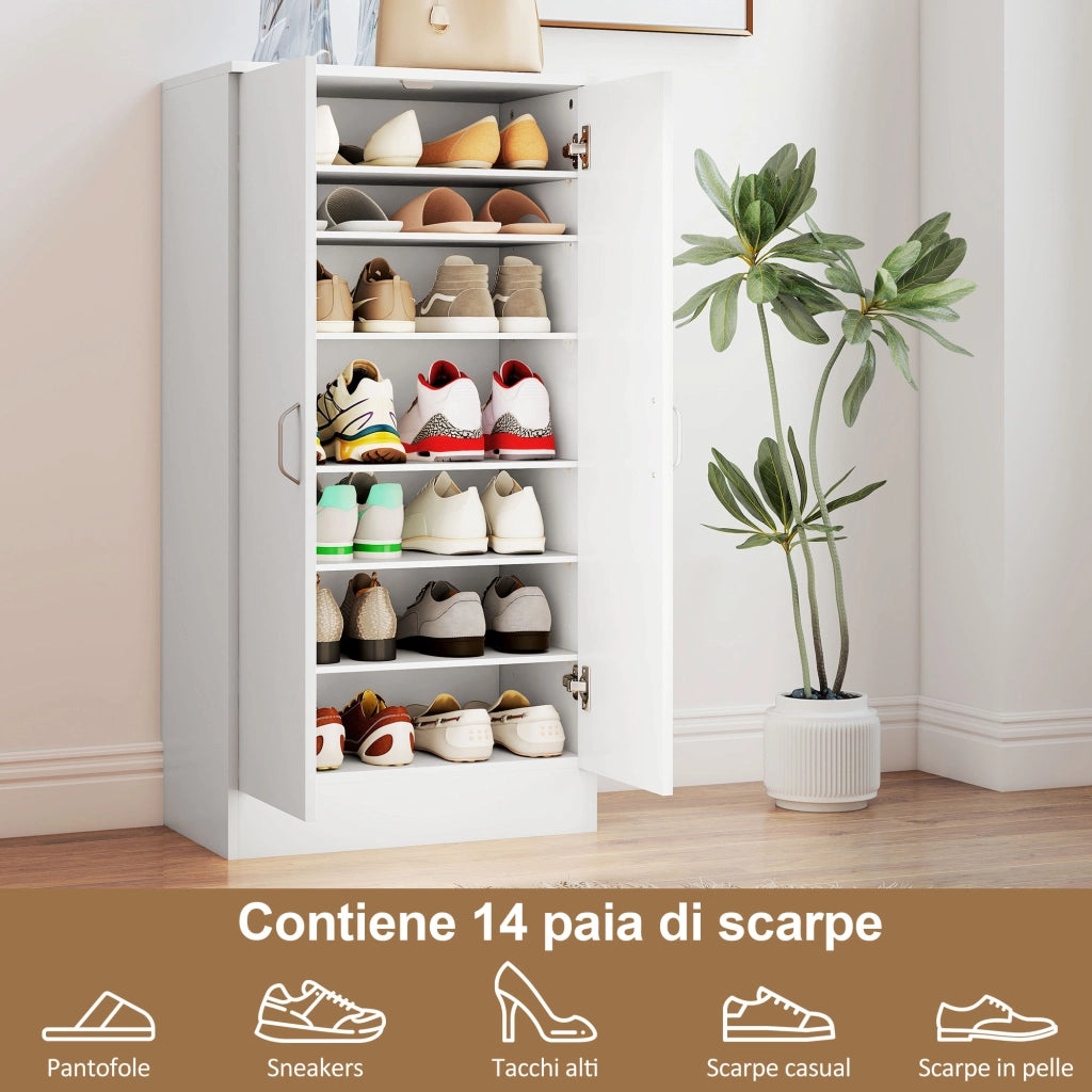 Scarpiera Salvaspazio con 6 Ripiani Regolabili 55x35x108cm in Legno Bianco
