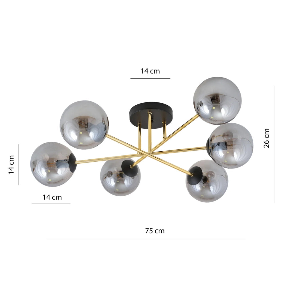 Plafoniera Moderna Magnium 6 Luci In Acciao Oro E Sfere In Vetro Fumè