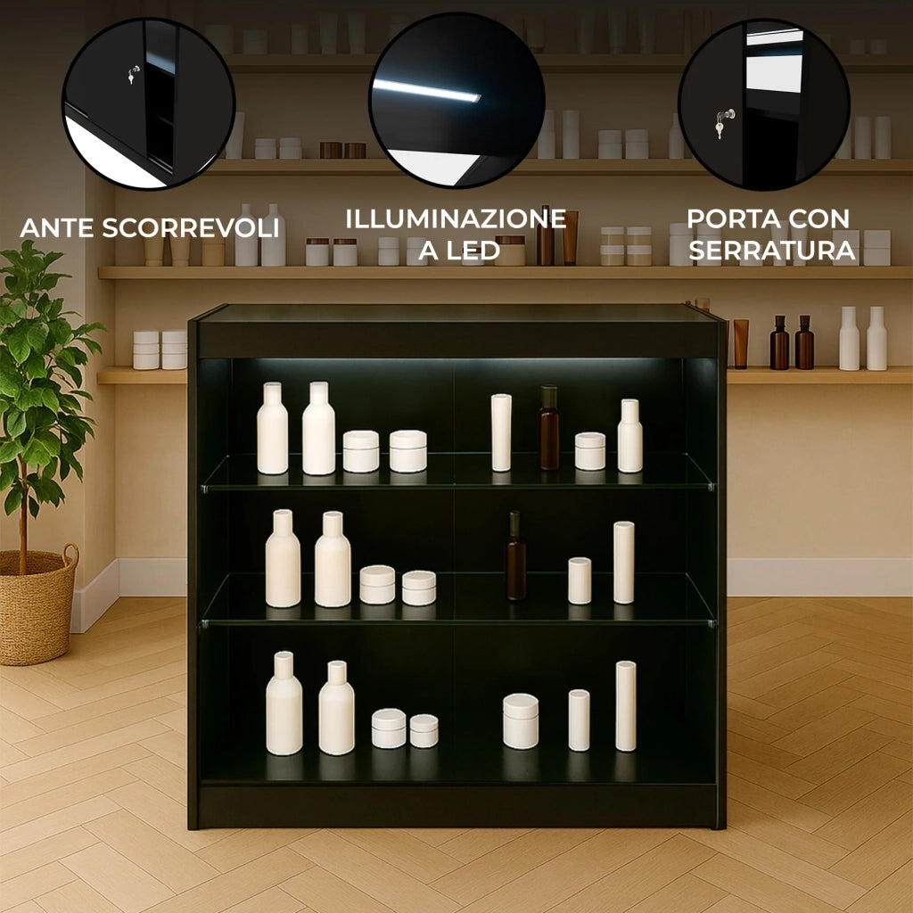 Bancone LED Nero K900 con 3 Ripiani, Vetrina e Ante Bloccabili – 2 Chiavi