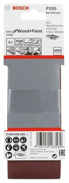 2608606020 - Set di nastri abrasivi da 3 pz. X440 65 x 410 mm, P150, BEST for LEGNO+VERNICE