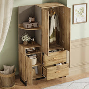 Guardaroba compatto 110x38x186 cm con appendiabiti estraibile e cassetti in MDF nero e naturale
