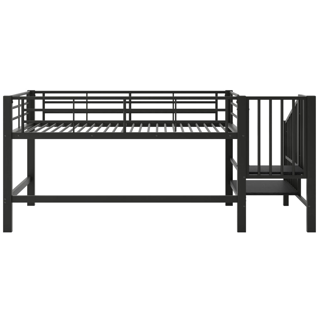 Letto a soppalco 90x200 cm nero in MDF e metallo; scala contenitore