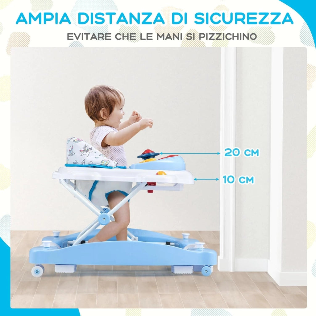 Girello per Bambini 6 in 1, Primi Passi per Neonati con Altezza Regolabile, Sedia a Dondolo per Bambini, Girello Pieghevole con Vassoio Musicale, Cuscino, per Bambini 6+ Mesi (Blu)