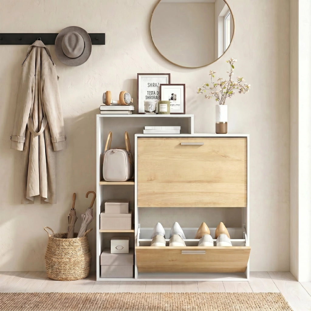 Mobile Portascarpe 80x26x 90 cm con 2 Cassetti a Ribalta e ripiani Bianco e Legno Naturale