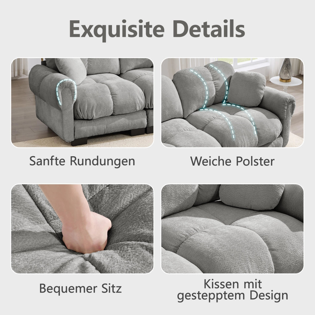 Divano angolare modulare a l con pouf mobile e cuciture trapuntate in tessuto chenille grigio chiaro 330 × 149 × 90 cm
