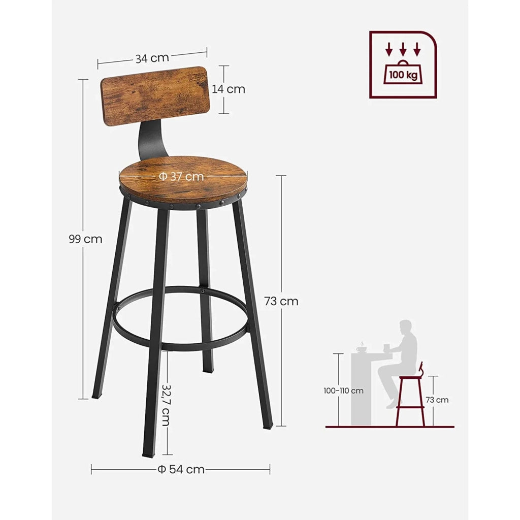 Set di 4 sgabelli da bar/sgabelli alti con schienale sedute da cucina struttura in acciaio altezza seduta 73 cm montaggio facile stile industriale marrone 12_0006198