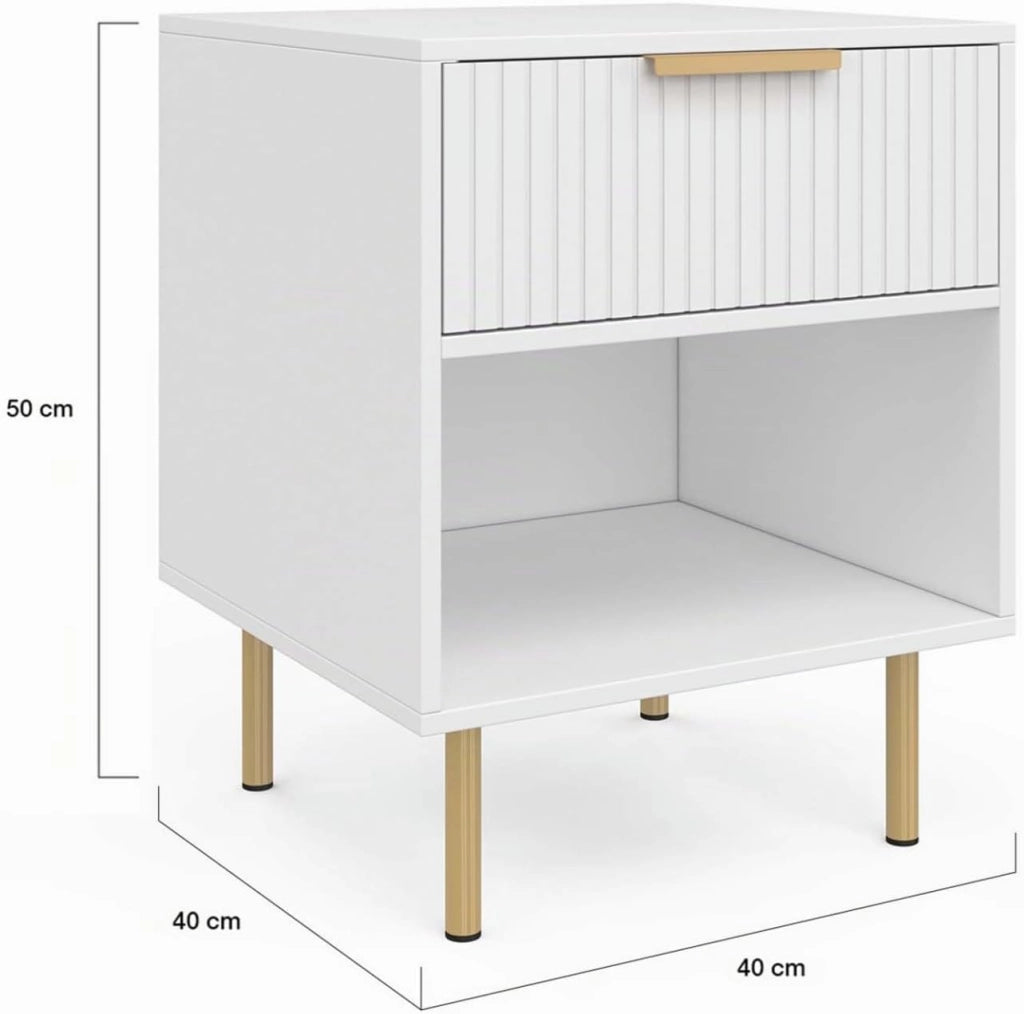 Set di 2 comodini a 1 cassetto Marcel con doghe in Legno Bianco e Oro